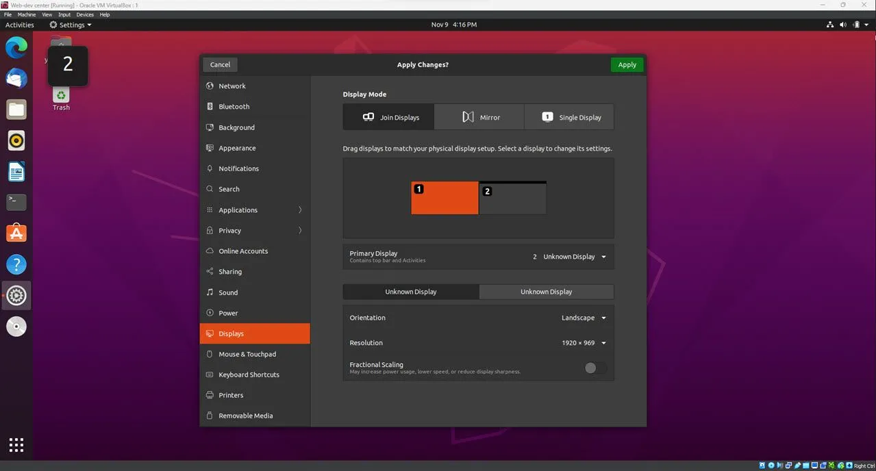 Menu cài đặt đa màn hình trên hệ điều hành Linux Ubuntu, hiển thị tùy chọn sắp xếp và chế độ hiển thị