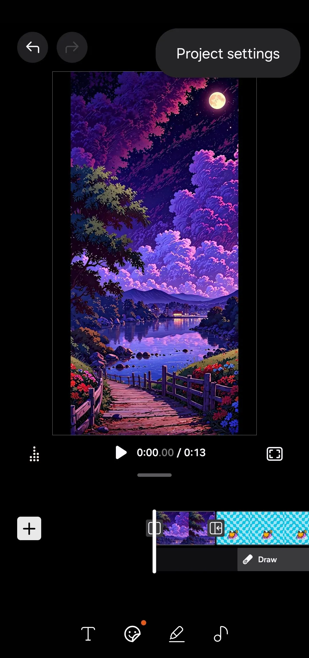 Menu cài đặt dự án trong Samsung Studio trên điện thoại Galaxy