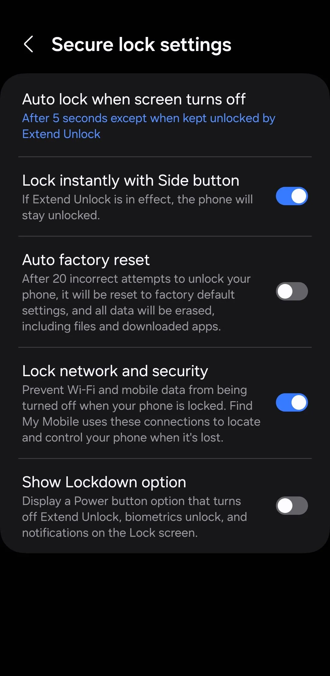 Menu cài đặt khóa an toàn trên Android để vô hiệu hóa truy cập nhanh
