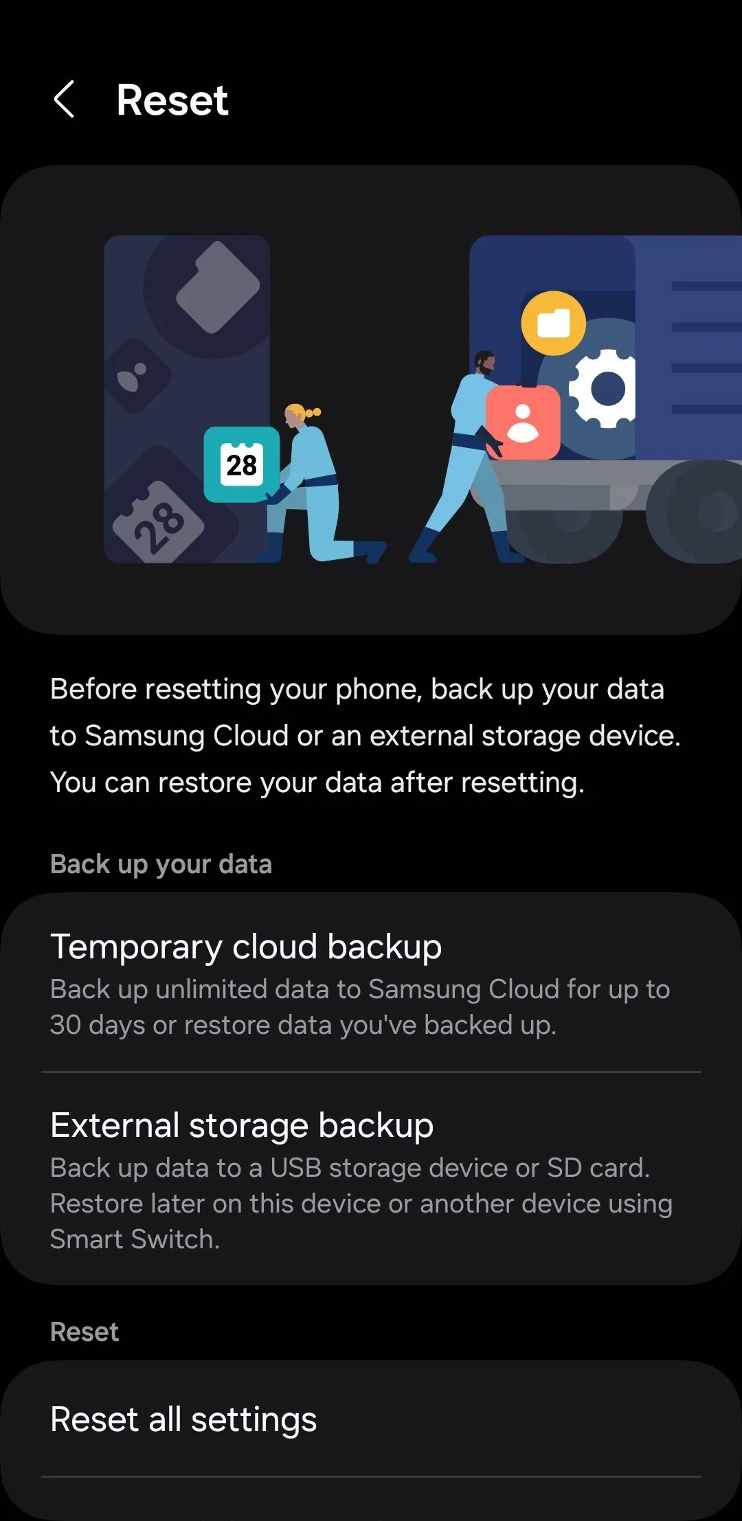 Menu cài đặt lại trên điện thoại Samsung