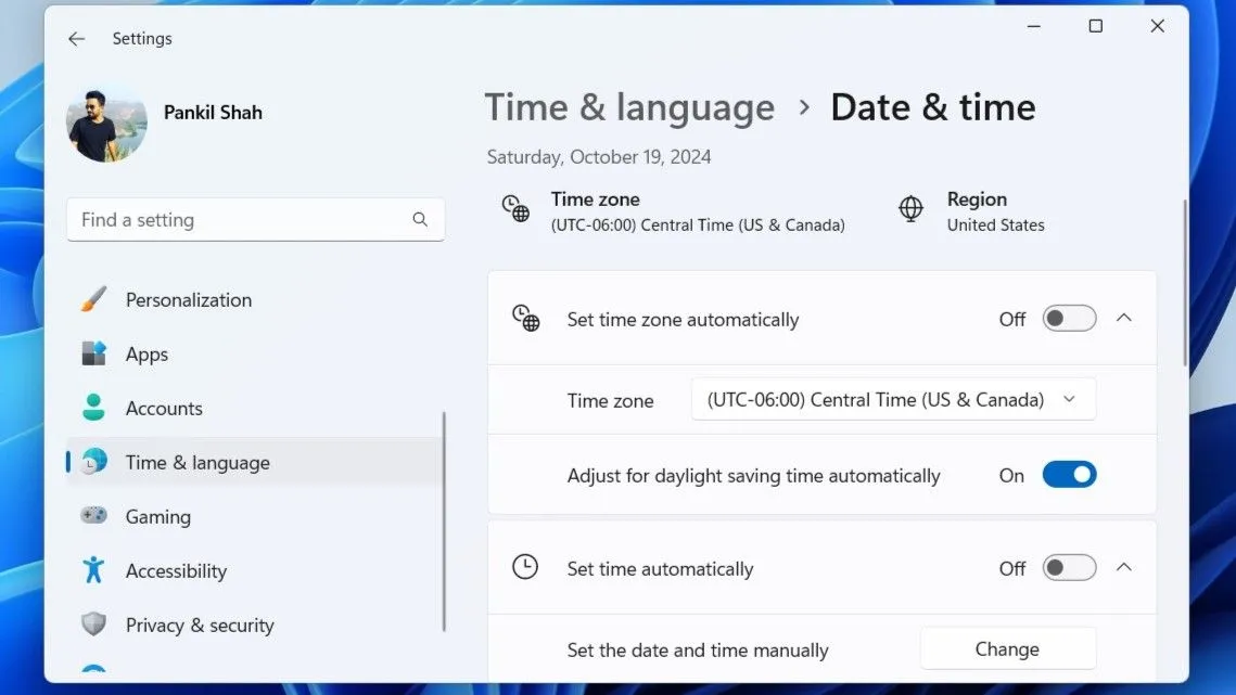 Menu Cài đặt Ngày và Giờ trong ứng dụng Settings của Windows 11