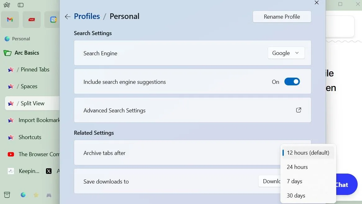 Menu cài đặt tính năng tự động lưu trữ tab của Arc Browser với các tùy chọn thời gian lưu trữ
