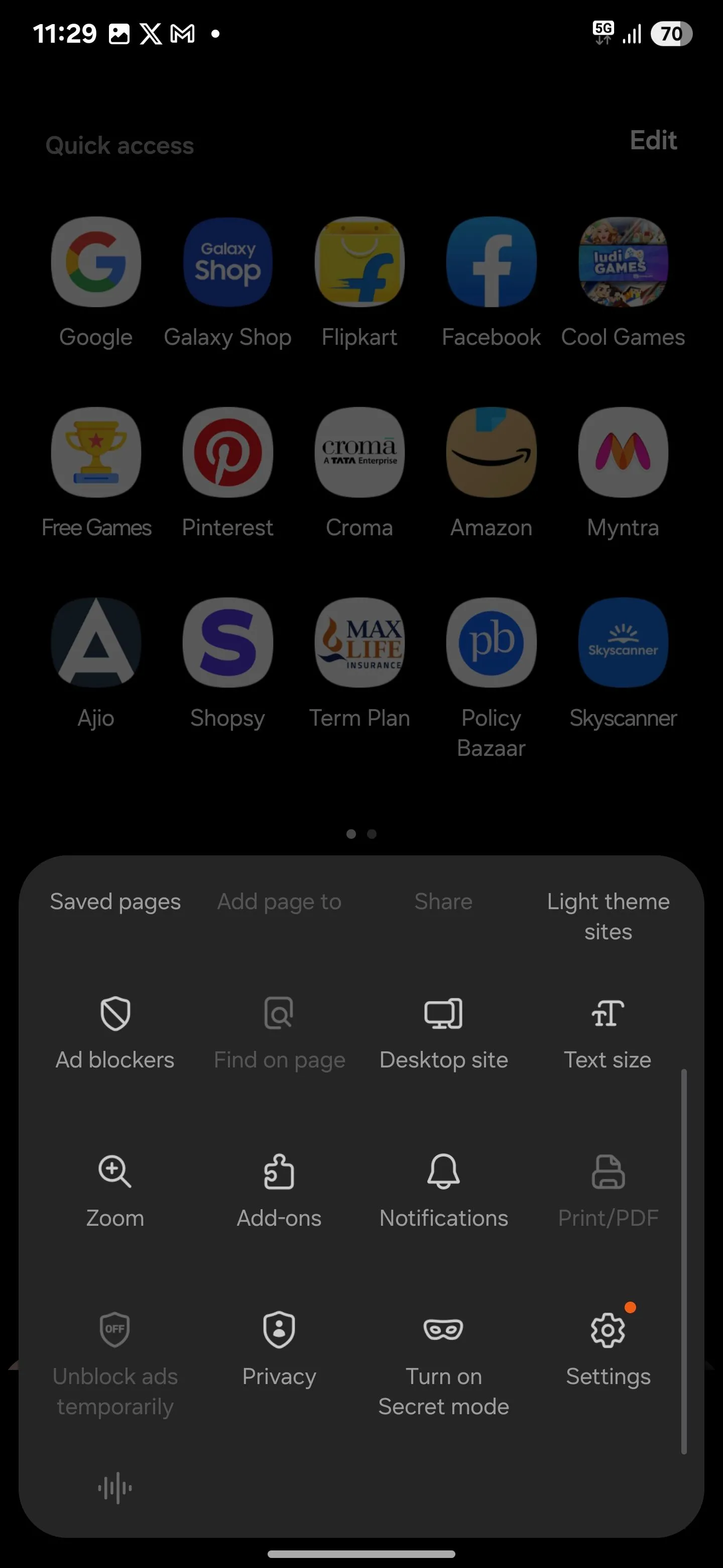 Menu cài đặt trình duyệt Samsung Internet