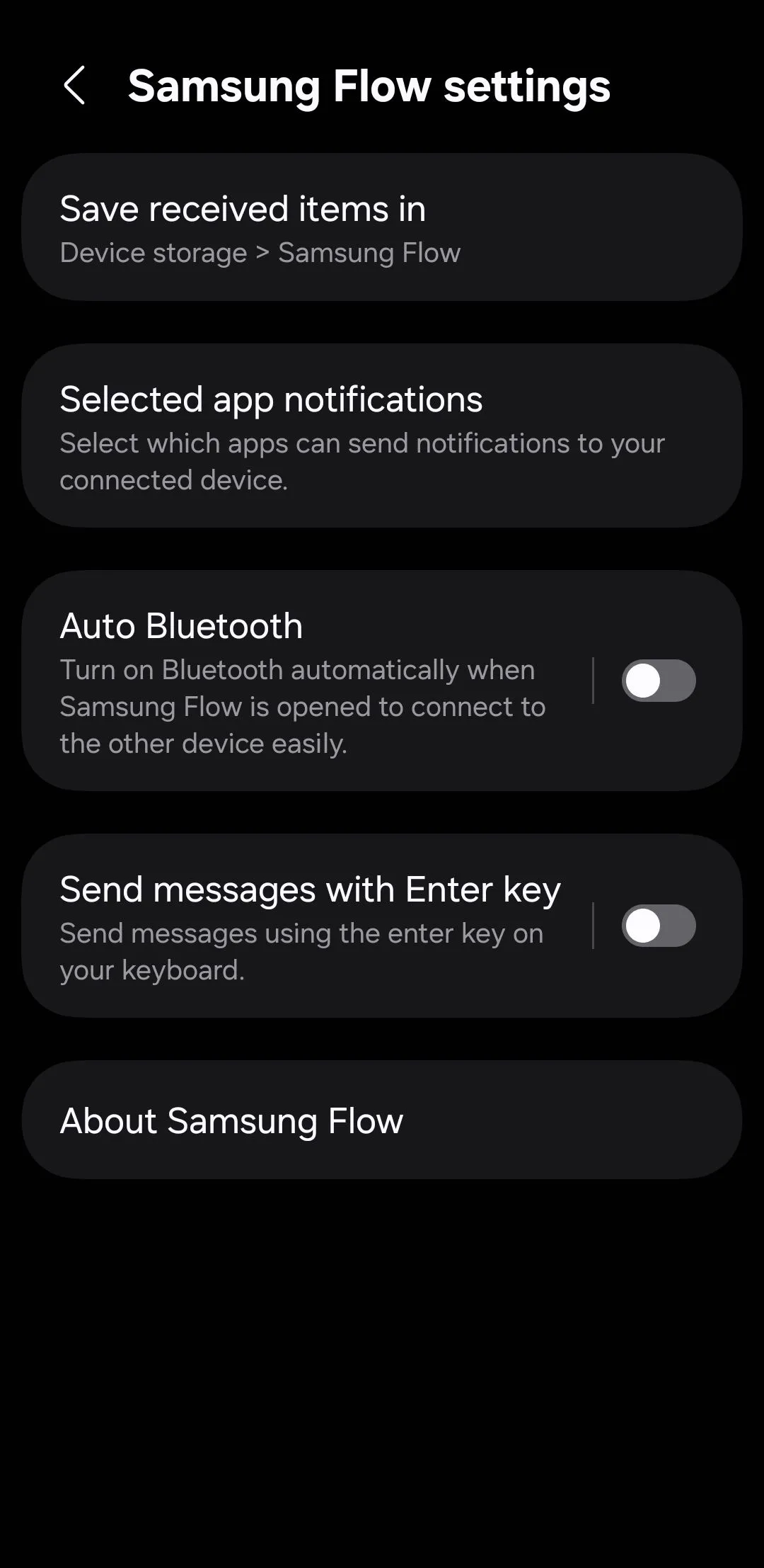 Menu cài đặt ứng dụng Samsung Flow trên điện thoại Galaxy