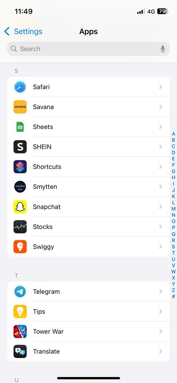 Menu Cài đặt ứng dụng trên iPhone, hiển thị các ứng dụng được liệt kê