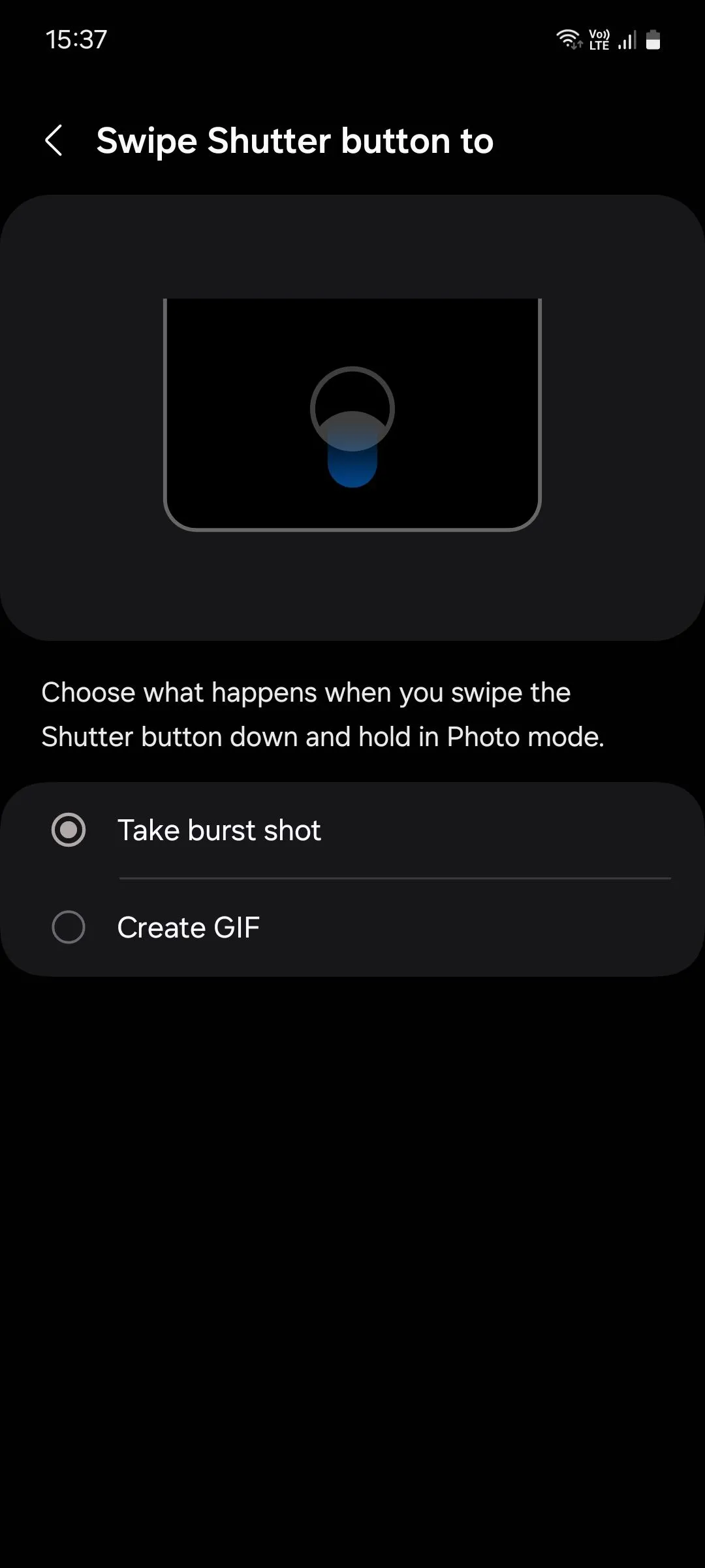 Menu cài đặt vuốt nút chụp trên ứng dụng camera Samsung