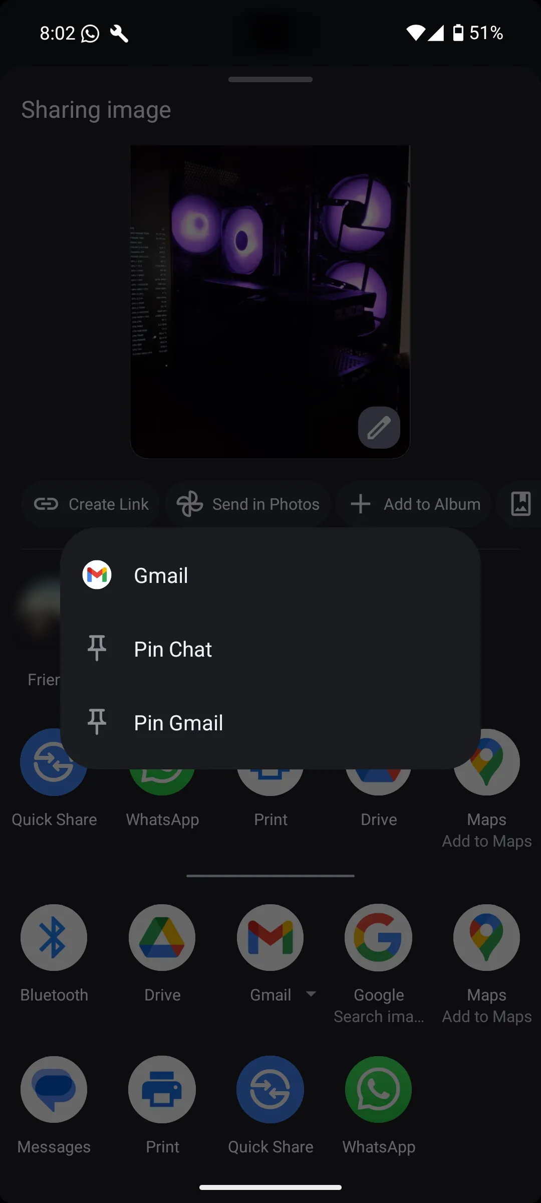 Menu Chia Sẻ Android hiển thị tùy chọn ghim ứng dụng vào danh sách ưu tiên