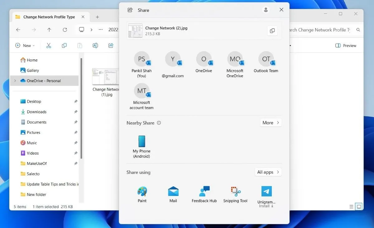 Menu chia sẻ tệp trong File Explorer Windows 11