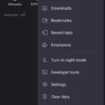 Menu chính của Kiwi Browser trên Android với tùy chọn Extensions