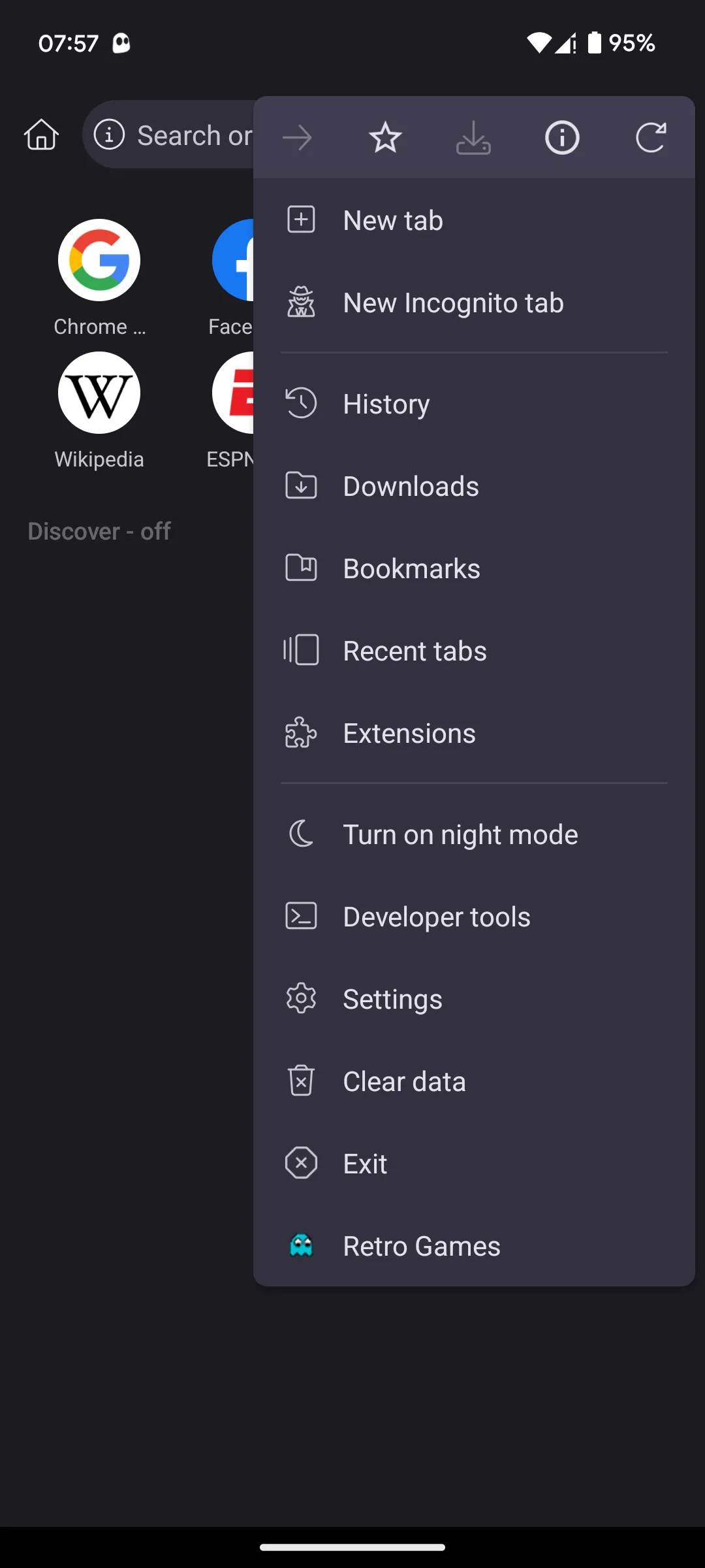 Menu chính của Kiwi Browser trên Android với tùy chọn Extensions