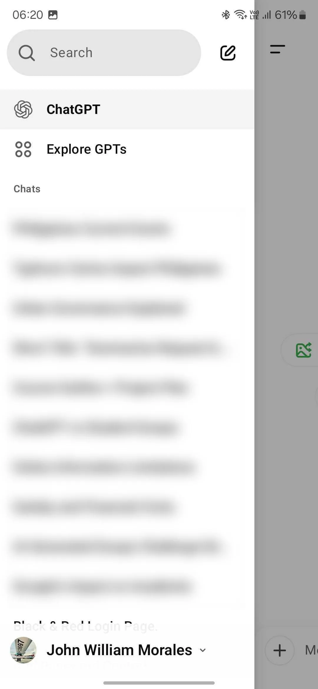 Menu chính của ứng dụng ChatGPT for Android, hiển thị biểu tượng menu và tên người dùng