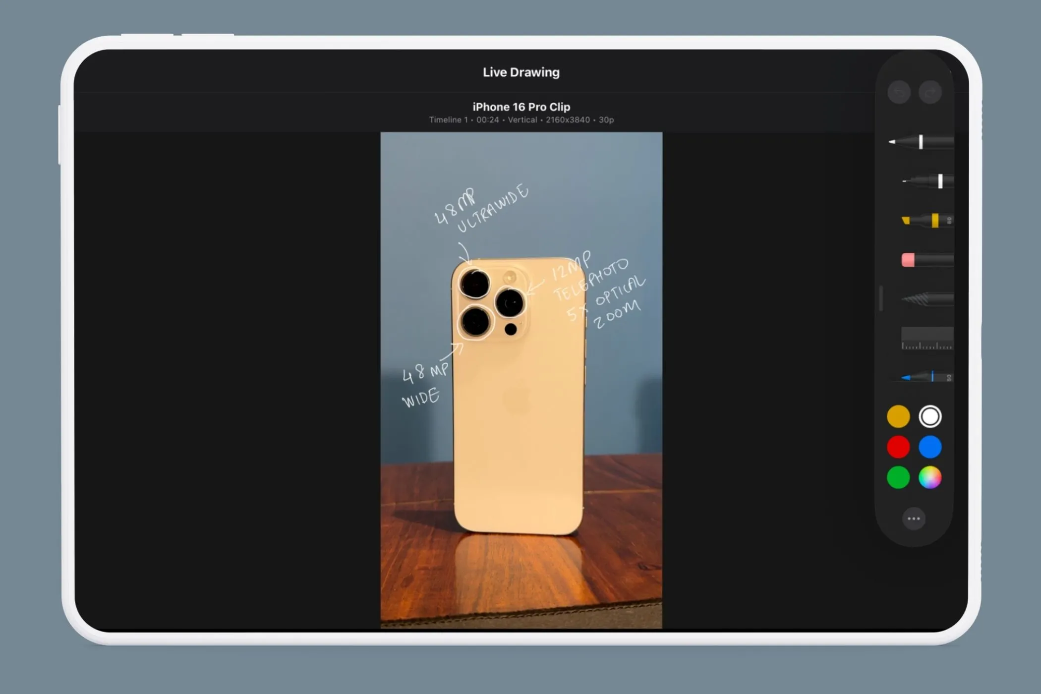 Menu chọn công cụ vẽ Live Drawing trong Final Cut Pro trên màn hình iPad