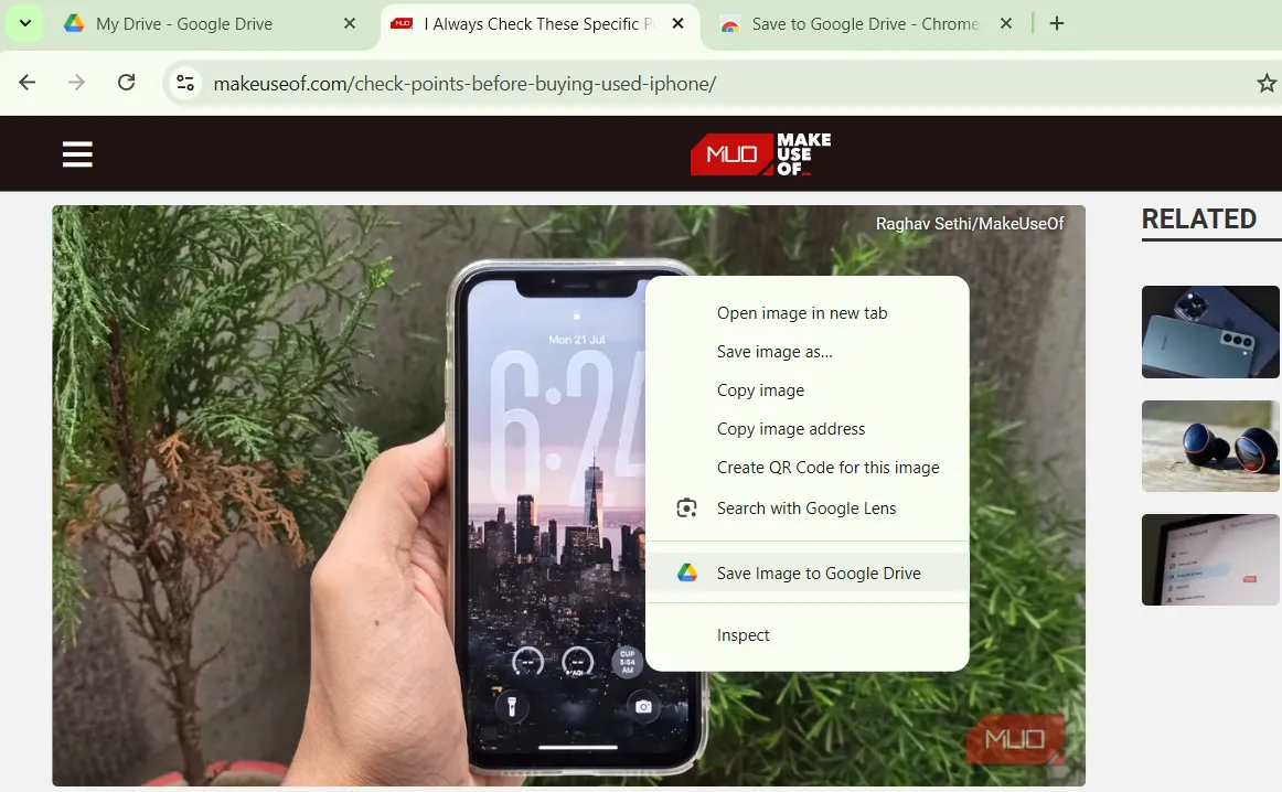 Menu chuột phải Chrome với tùy chọn "Lưu hình ảnh vào Google Drive"