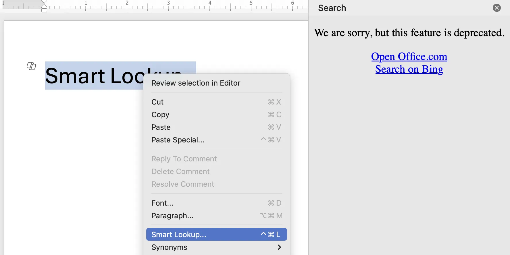 Menu chuột phải trong Microsoft Word hiển thị tùy chọn Smart Lookup đã bị vô hiệu hóa