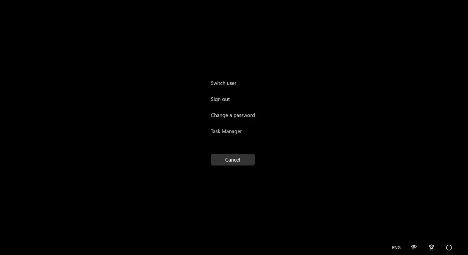 Menu Ctrl Alt Delete trong Windows 11, cung cấp các tùy chọn hệ thống