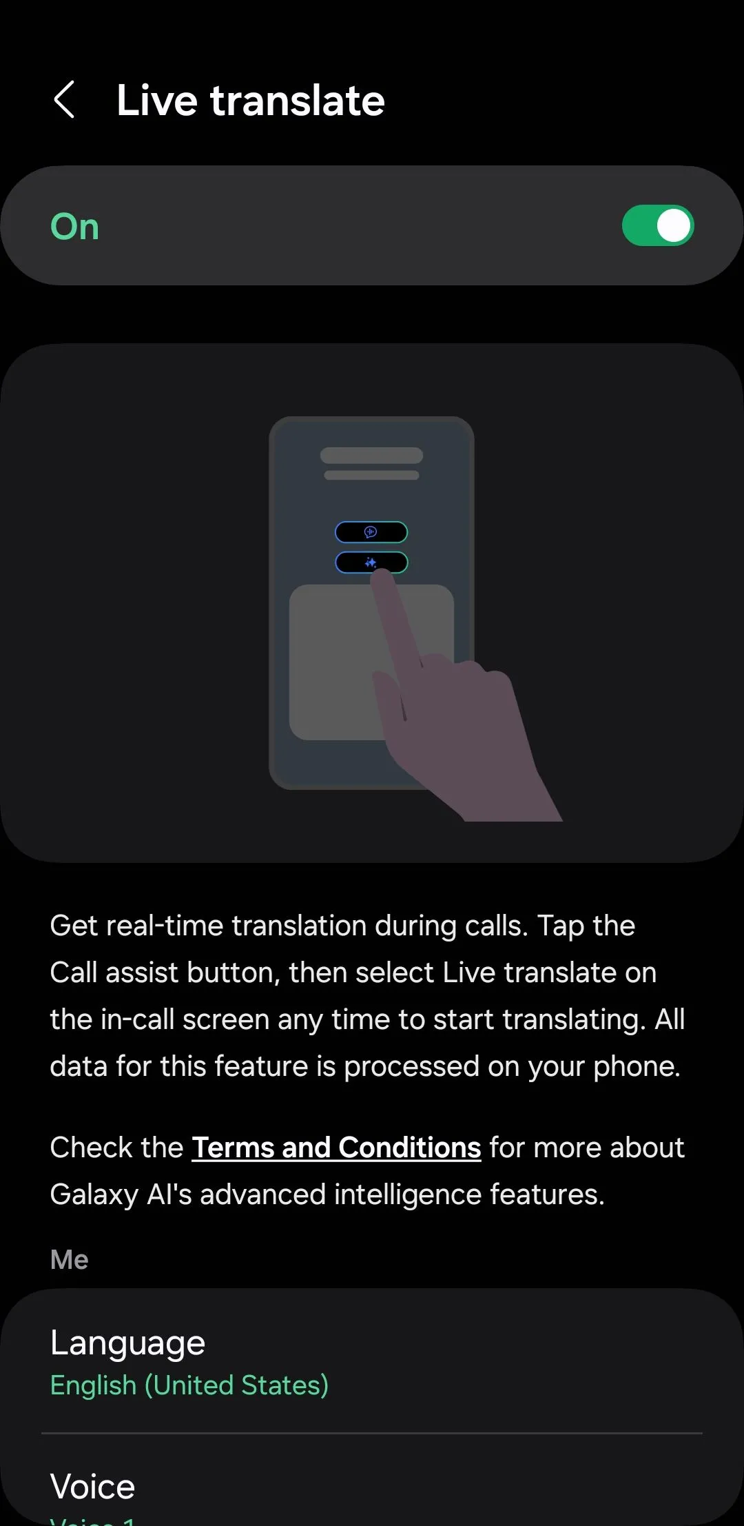 Menu dịch thuật trực tiếp Live Translate trên ứng dụng Điện thoại Samsung