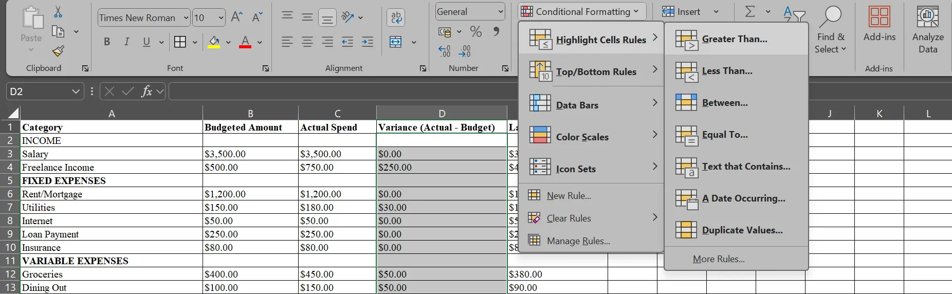 Menu Định dạng có Điều kiện (Conditional Formatting) hiển thị trên bảng tính quản lý ngân sách trong Microsoft Excel, cho phép thiết lập quy tắc định dạng