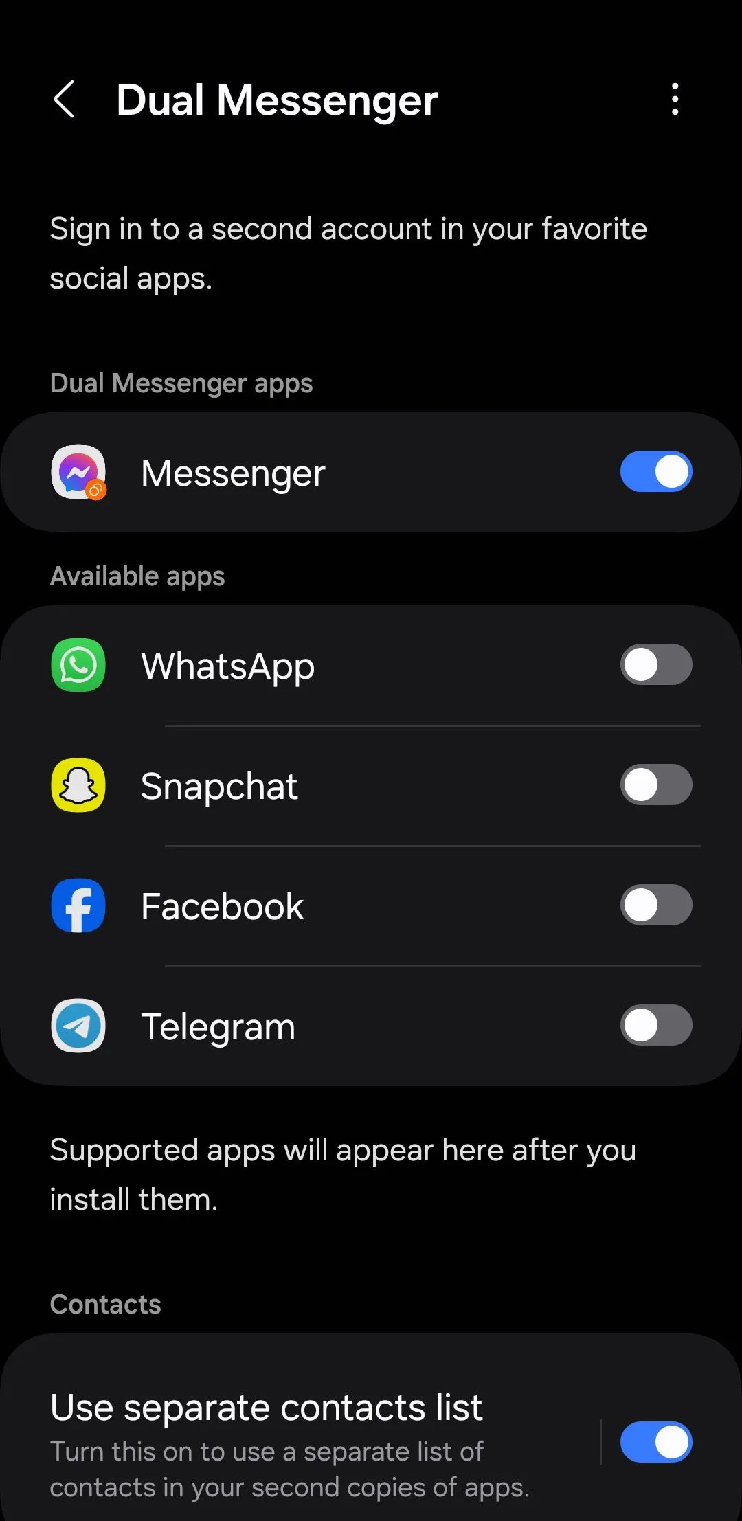 Menu Dual Messenger trên điện thoại Samsung, hiển thị các ứng dụng có thể nhân bản