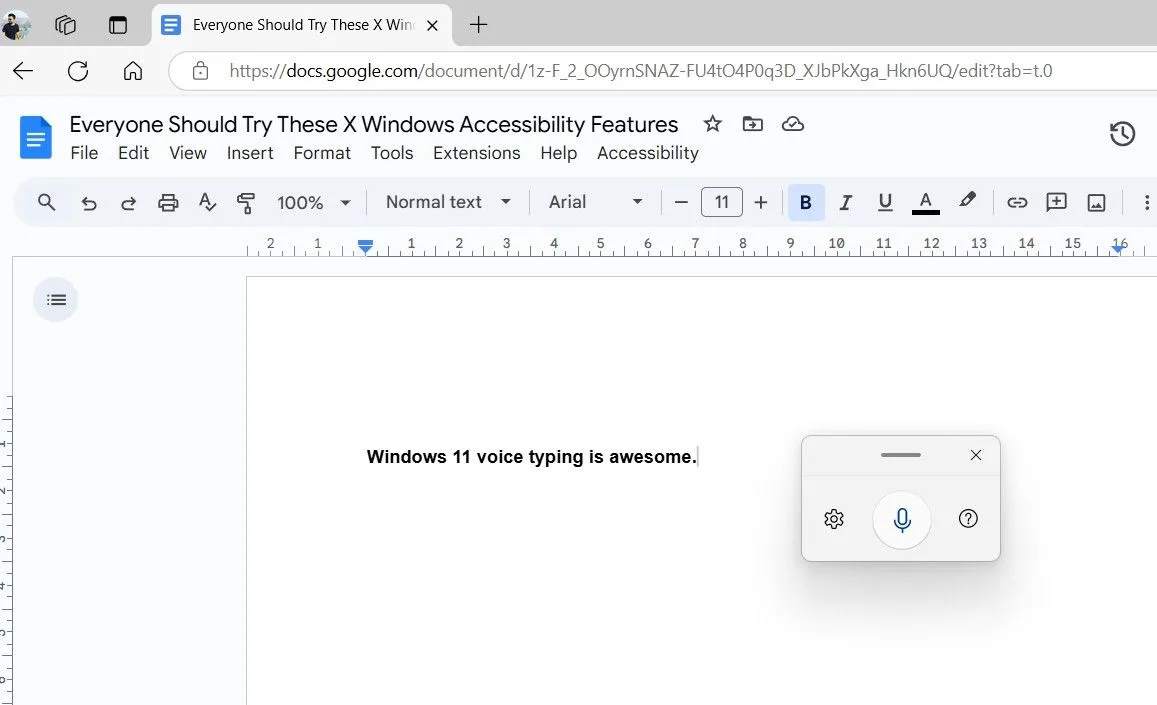 Menu gõ văn bản bằng giọng nói của Windows 11 trong tài liệu Google Docs