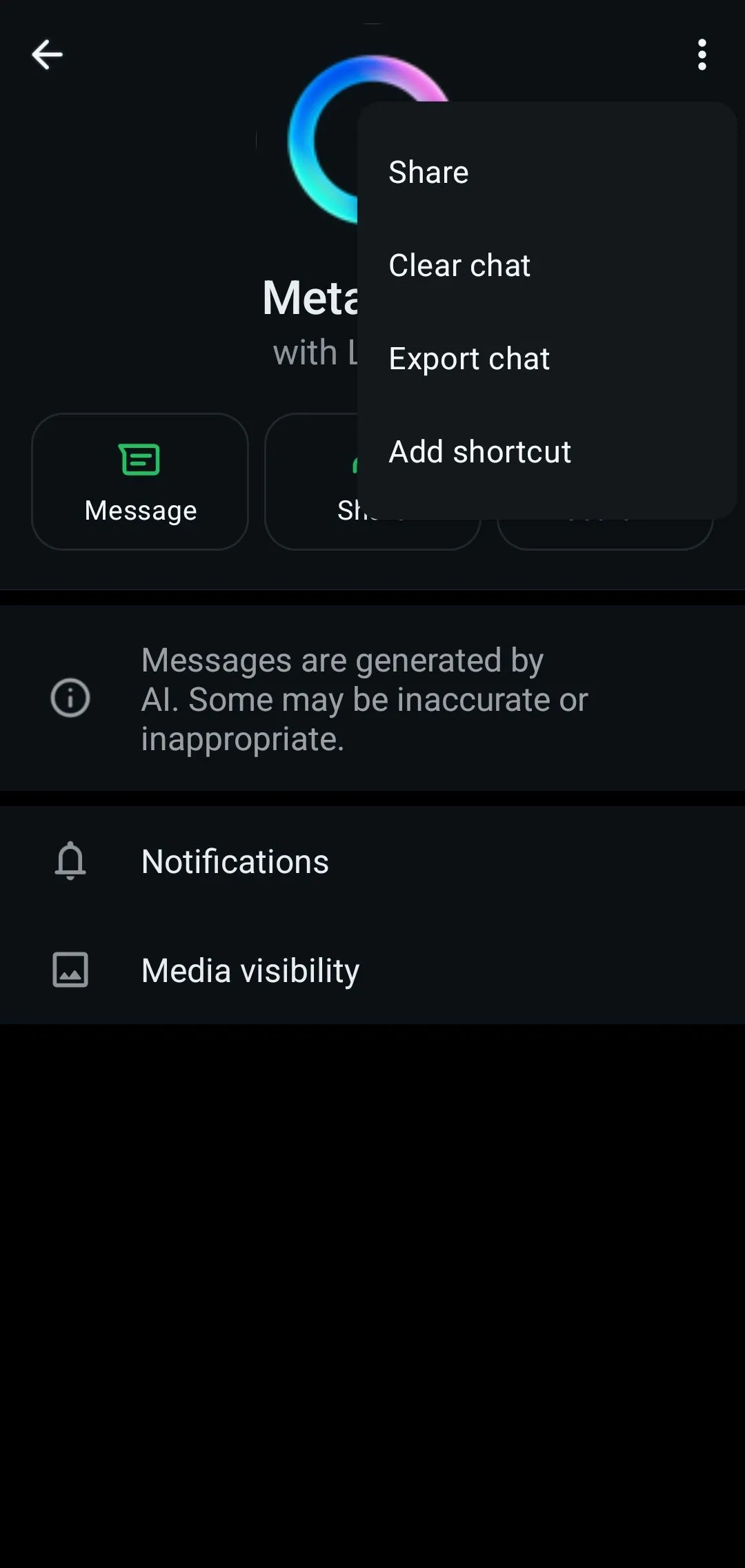 Menu hồ sơ WhatsApp hiển thị tùy chọn Meta AI, minh họa việc không có cách tắt tính năng này.