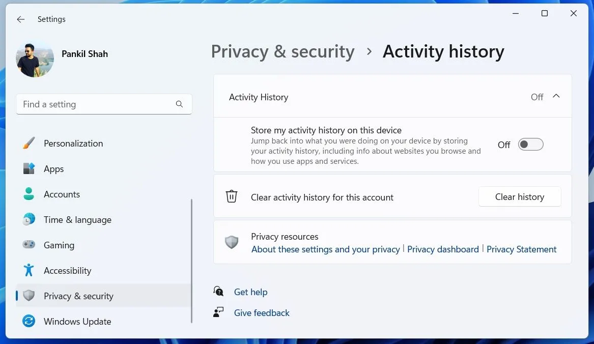 Menu lịch sử hoạt động trong ứng dụng cài đặt Windows 11