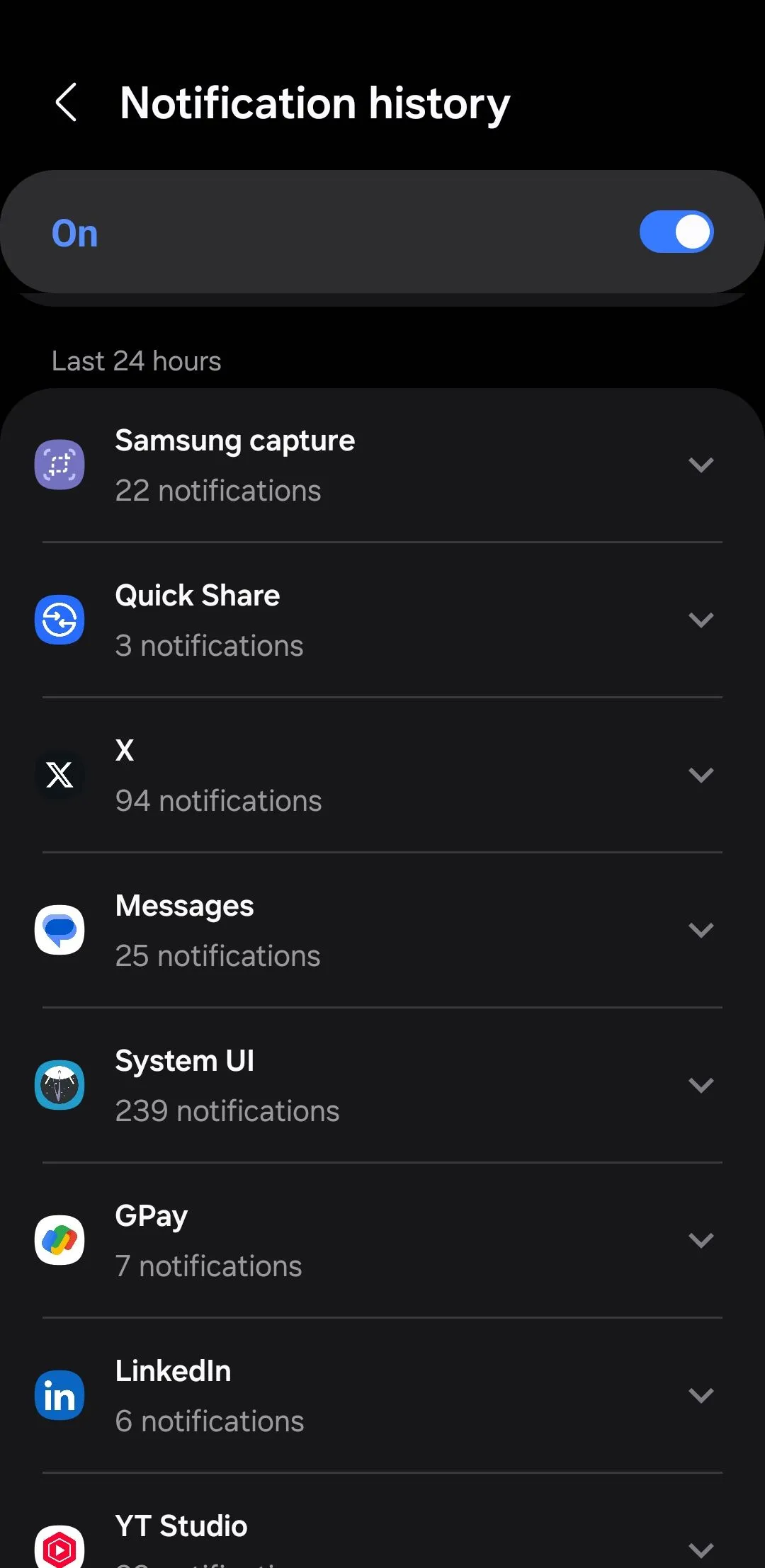 Menu lịch sử thông báo trên Android