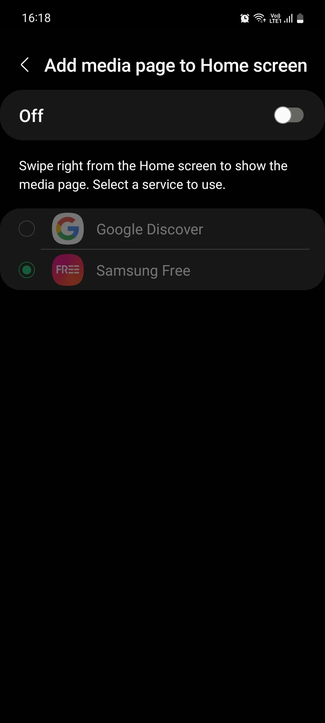 Menu Màn hình chính của Samsung hiển thị tùy chọn tắt trang phương tiện (Samsung Free) trên thiết bị Galaxy.