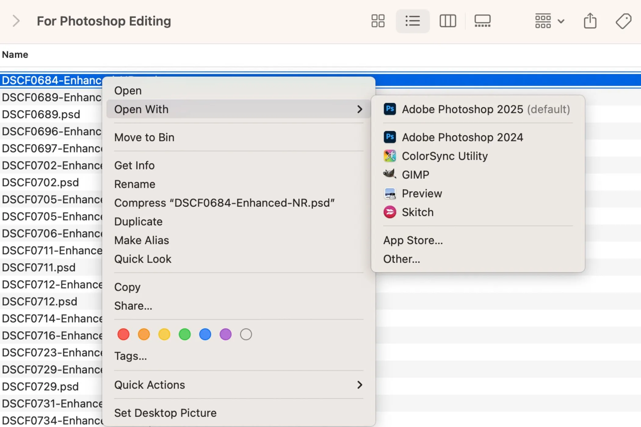 Menu &quot;Mở với&quot; trên macOS hiển thị các tùy chọn ứng dụng để mở file PSD, trong đó có Preview