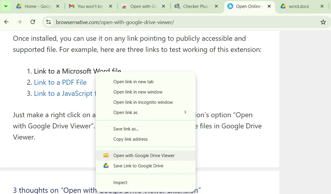 Menu ngữ cảnh Chrome hiển thị tùy chọn &quot;Mở bằng Google Drive Viewer&quot;
