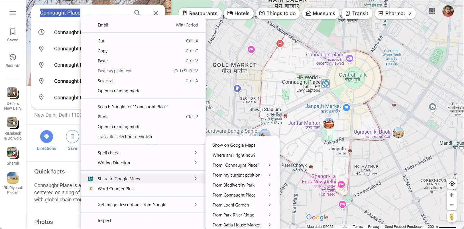 Menu ngữ cảnh của tiện ích Share to Google Maps, cho phép mở nhanh địa điểm trên Google Maps từ bất kỳ trang web nào