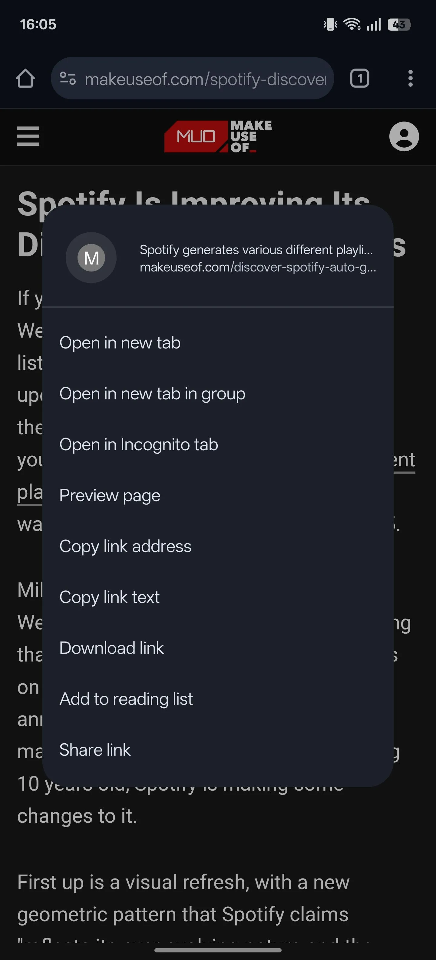 Menu ngữ cảnh hiển thị khi nhấn giữ liên kết trên trang web trong Chrome cho Android, cho phép xem trước trang.