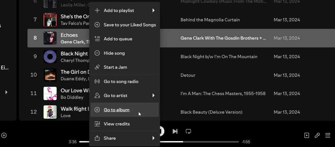 Menu ngữ cảnh Spotify hiển thị tùy chọn &quot;Đi tới album&quot;