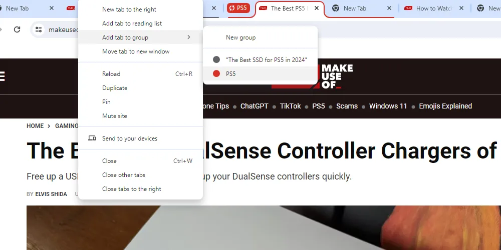 Menu ngữ cảnh trên Google Chrome cho phép thêm tab mới vào nhóm hoặc tạo nhóm tab mới, tính năng giúp sắp xếp các tab liên quan.