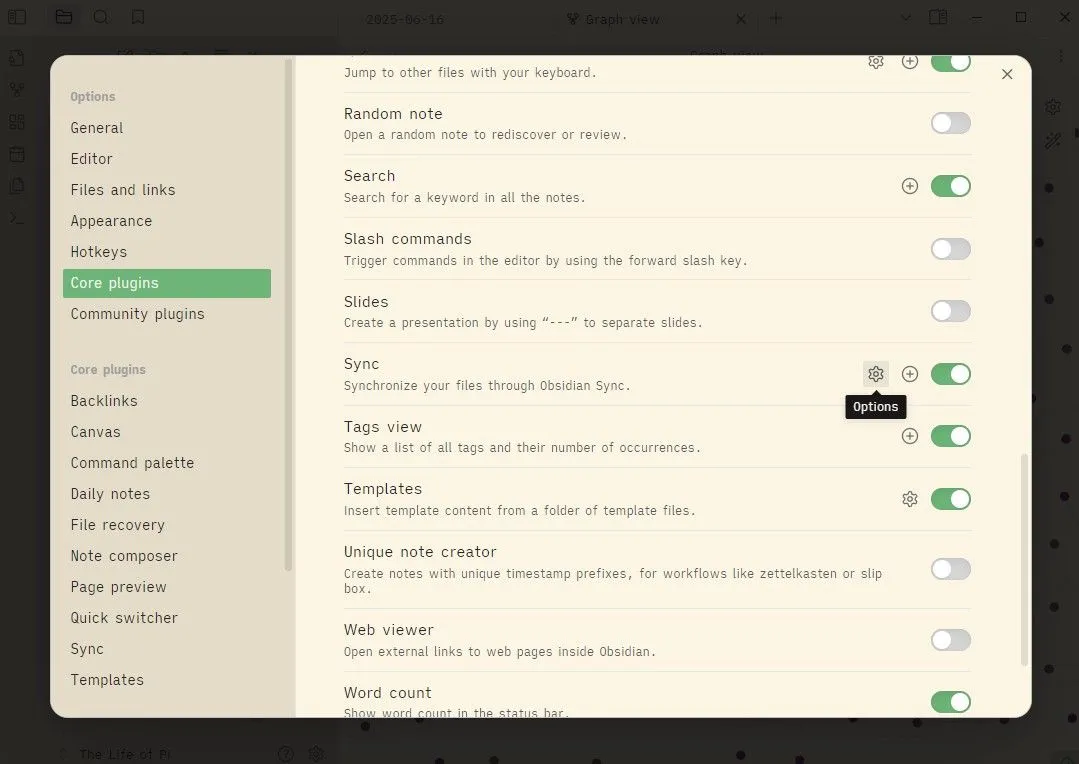 Menu plugin cốt lõi của Obsidian, với tính năng Obsidian Sync được đánh dấu để kích hoạt đồng bộ.