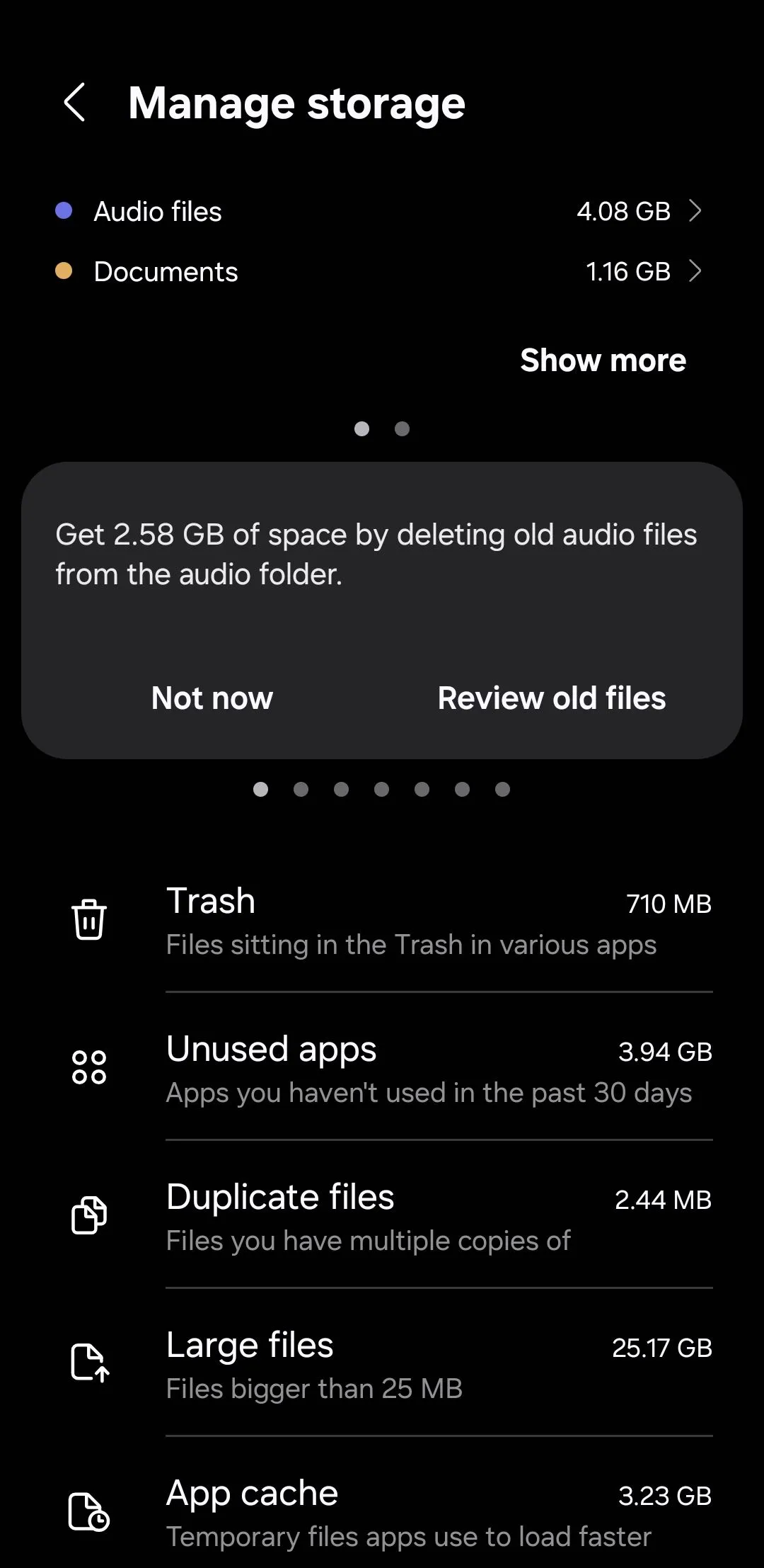 Menu quản lý bộ nhớ trên điện thoại Samsung hiển thị tùy chọn xóa bộ nhớ cache