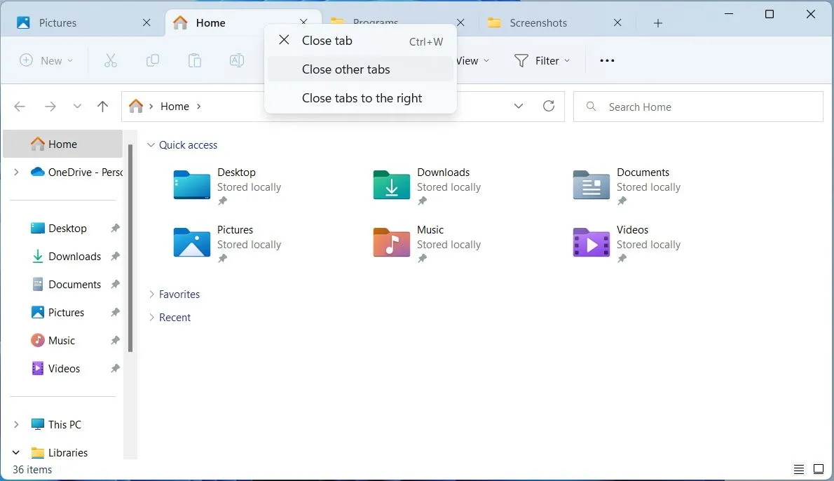 Menu quản lý các tab trong File Explorer của Windows 11