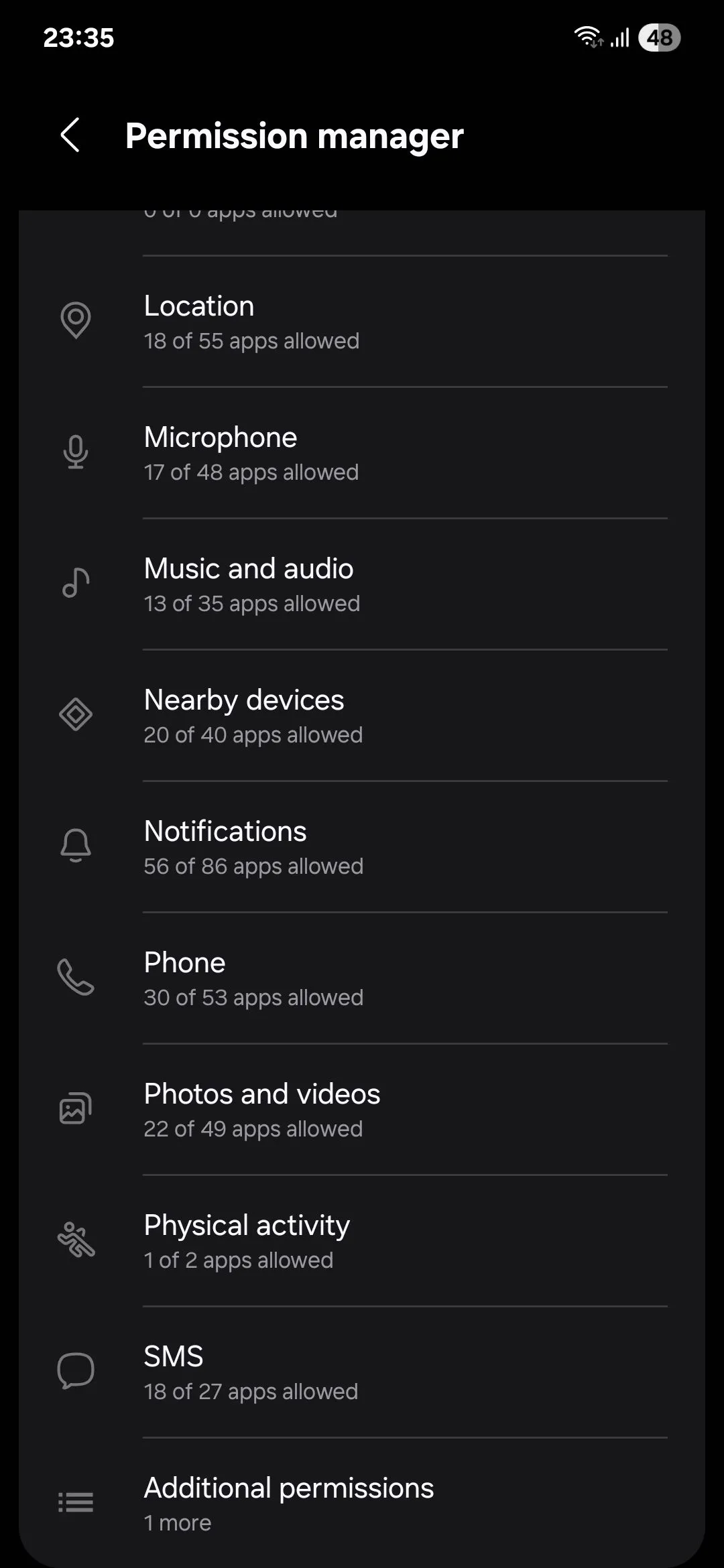 Menu quản lý quyền trên Samsung