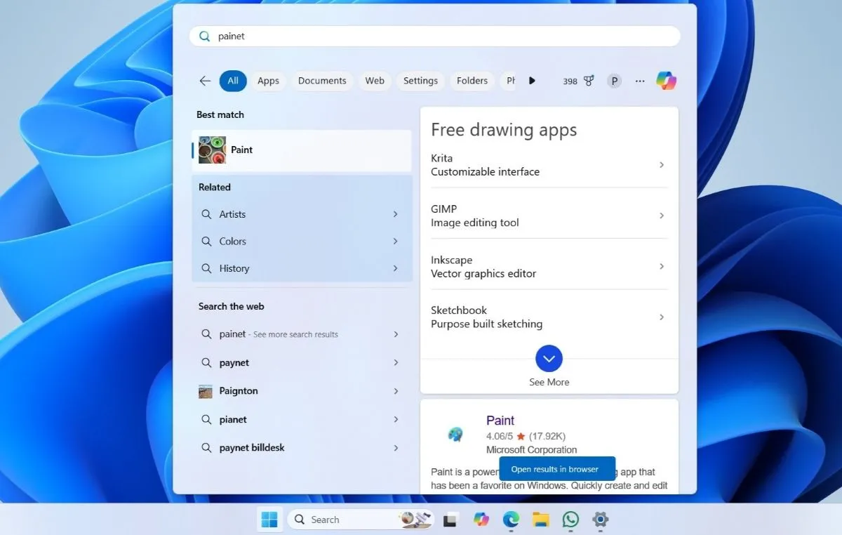 Menu Start Windows 11 hiển thị kết quả tìm kiếm cục bộ và web