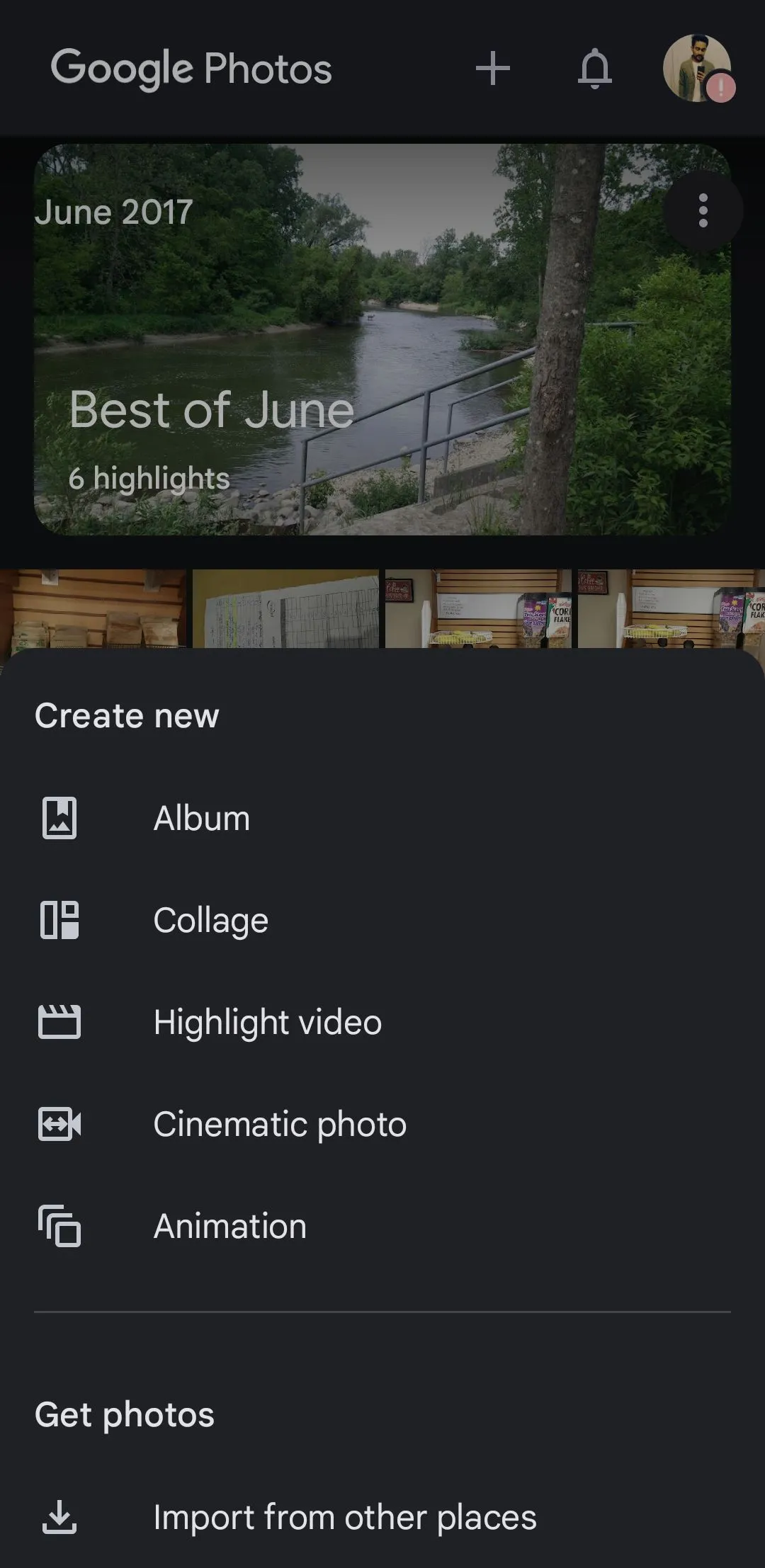 Menu tạo nội dung của Google Photos trên thiết bị di động