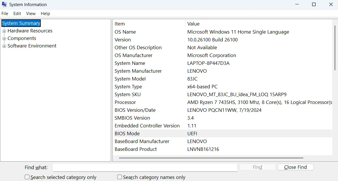 Menu Thông tin Hệ thống (System Information) trong Windows