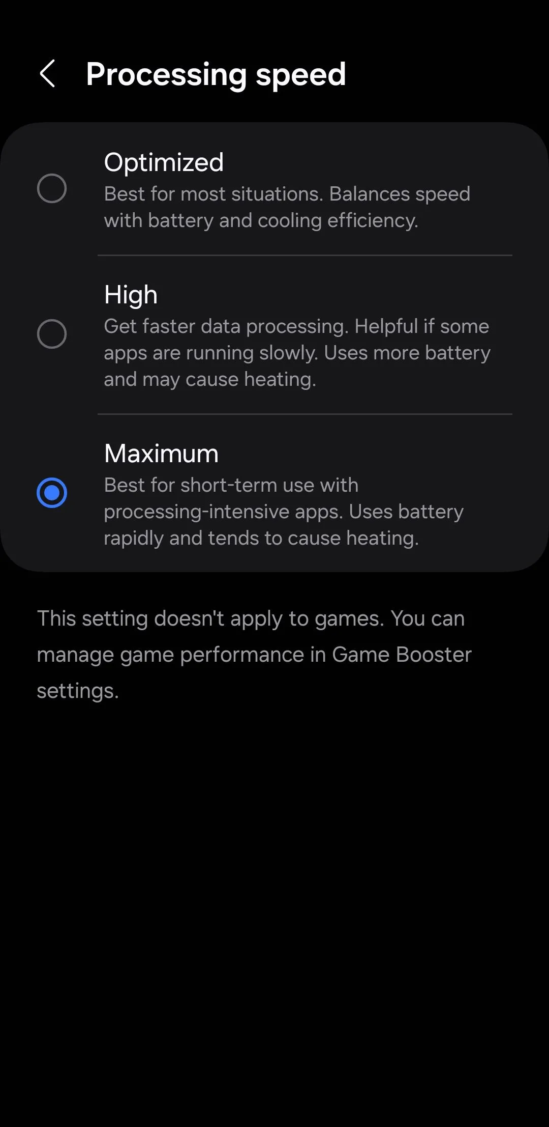 Menu tốc độ xử lý trên điện thoại Samsung
