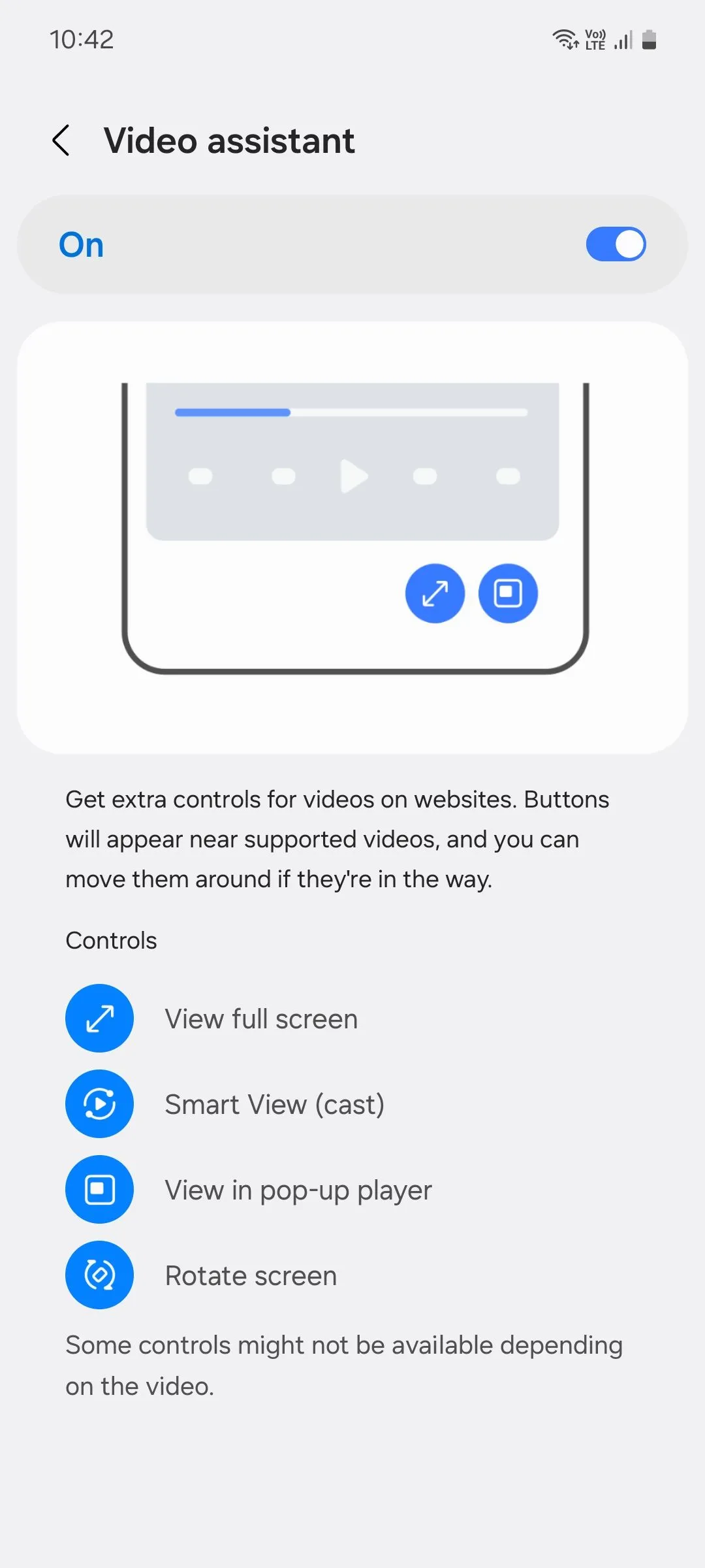 Menu Trợ lý Video của Samsung Internet