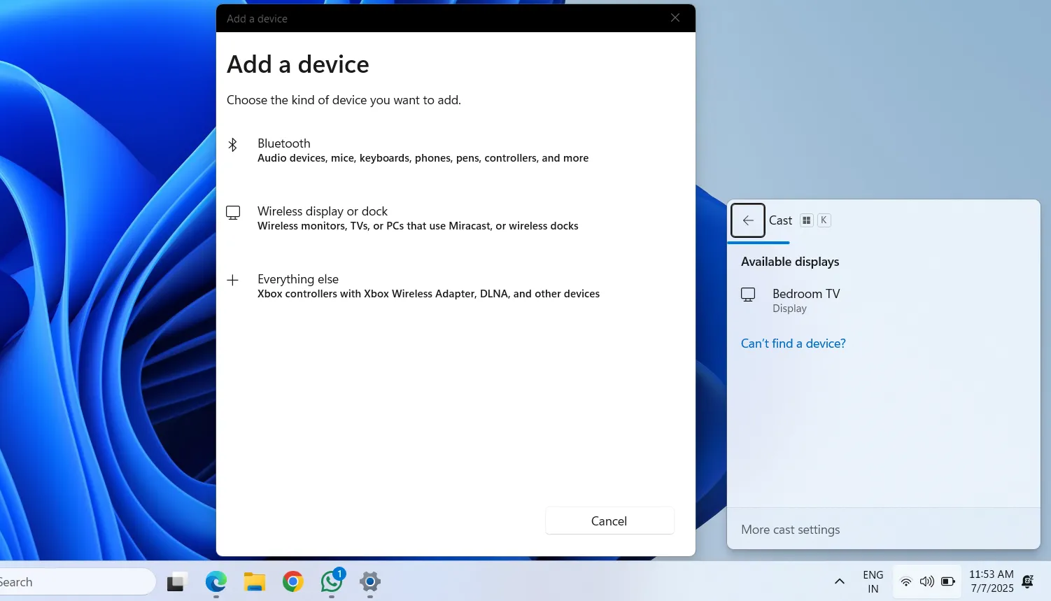 Menu truyền phát (Cast) trên màn hình nền Windows 11