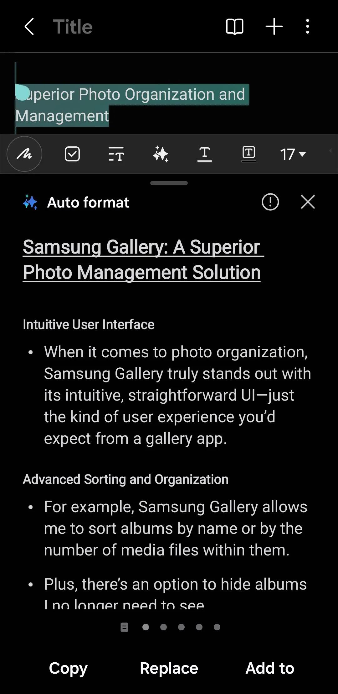 Menu Tự động Định dạng trong ứng dụng Samsung Notes của Galaxy AI
