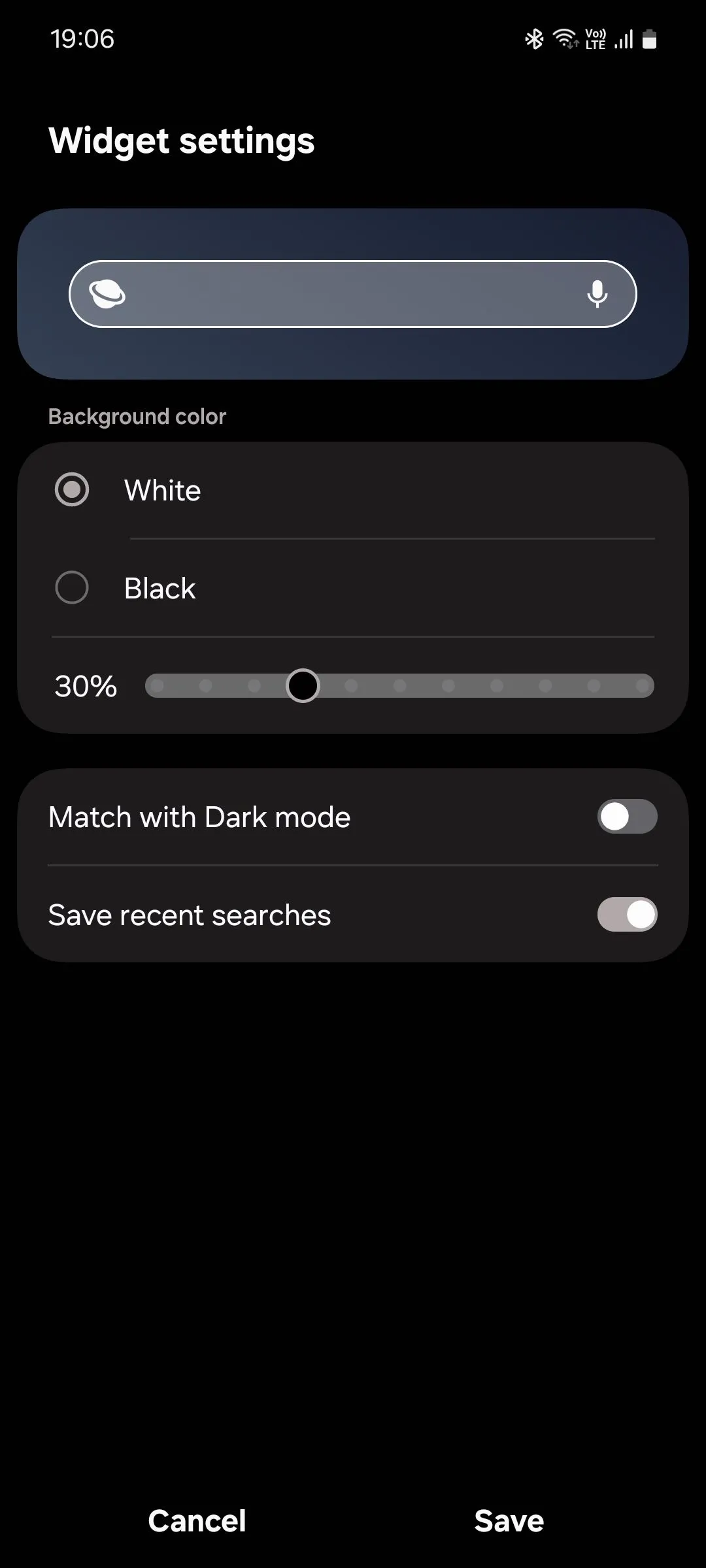Menu tùy chỉnh widget tìm kiếm Samsung Internet, cho phép điều chỉnh cài đặt hiển thị.