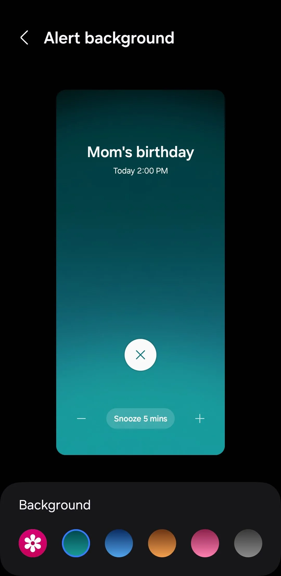 Menu tùy chọn hình nền cảnh báo đa dạng trong Samsung Calendar