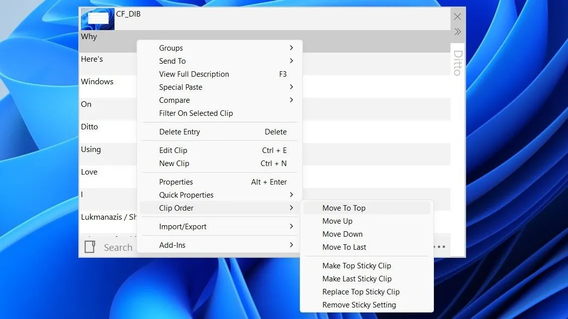 Menu tùy chọn trong Ditto cho phép sắp xếp và xóa nhiều mục clipboard cùng lúc