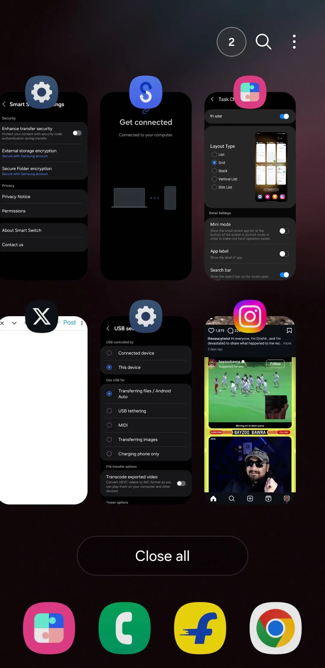 Menu ứng dụng gần đây kiểu lưới trên điện thoại Samsung được tùy chỉnh bởi Home Up