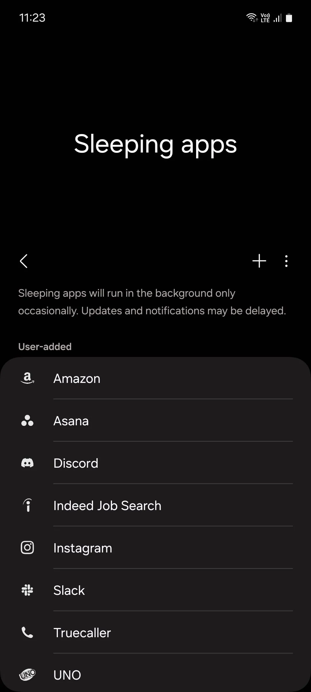 Menu 'Ứng dụng ngủ' trên Samsung One UI, cho phép thêm ứng dụng vào danh sách ngủ hoặc ngủ sâu