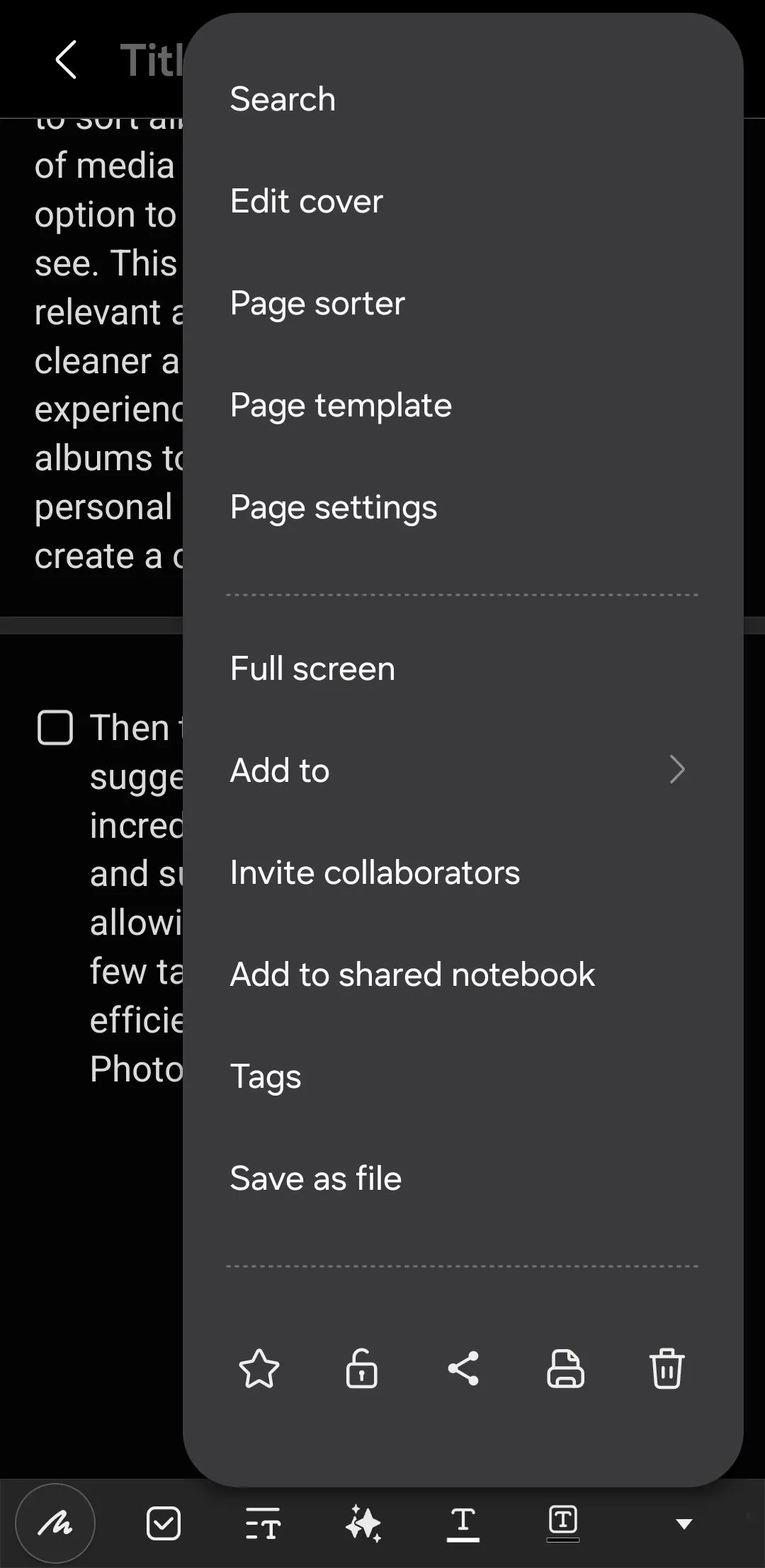 Menu ứng dụng trong Samsung Notes